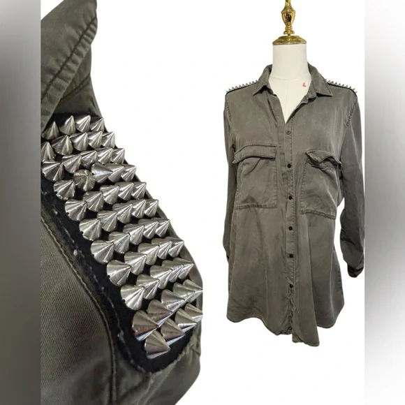 Zara Basic Studded Shoulder Lyocell Button-Down Shirt Size L - Picture 2 of 8